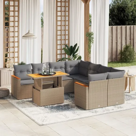 Havesæt 9 dele i polyrattan med hynder - beige