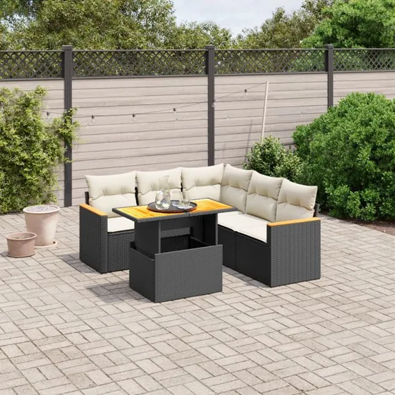 Havesofasæt 6 dele i sort polyrattan med hynder