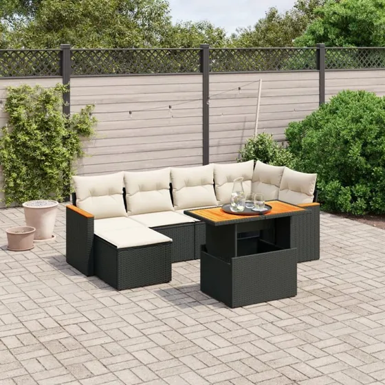 Sofasæt til haven 7 dele i sort polyrattan