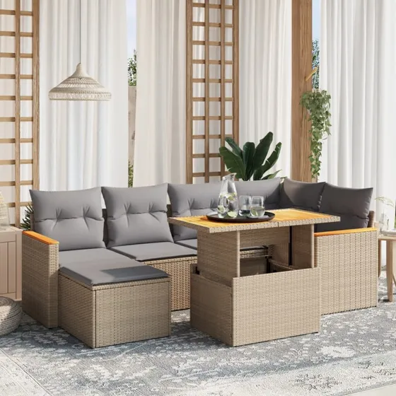 Havesofasæt 7 dele polyrattan beige m. hynder