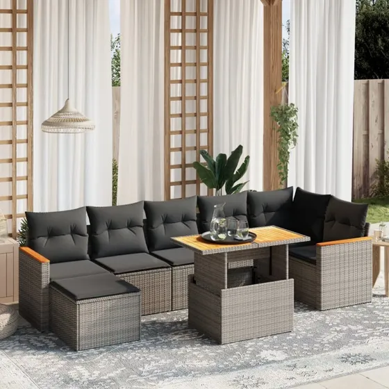 Havesofa sæt 8 dele i grå polyrattan med hynder