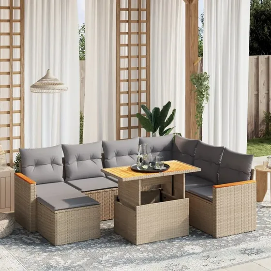 8-dele havemøbelsæt i polyrattan med hynder - beige