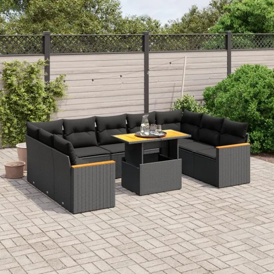 Sofasæt til haven 10 dele i polyrattan - sort