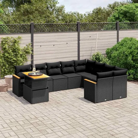 Havesofasæt 10 dele i sort polyrattan med hynder