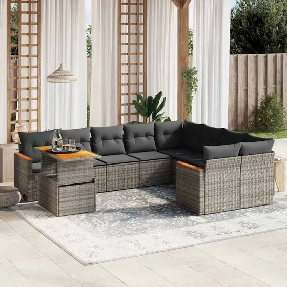 Havesofasæt 10 dele i polyrattan med hynder - grå