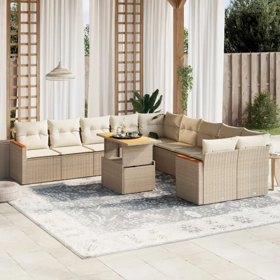 Havesofasæt i polyrattan 11 dele med hynder - beige