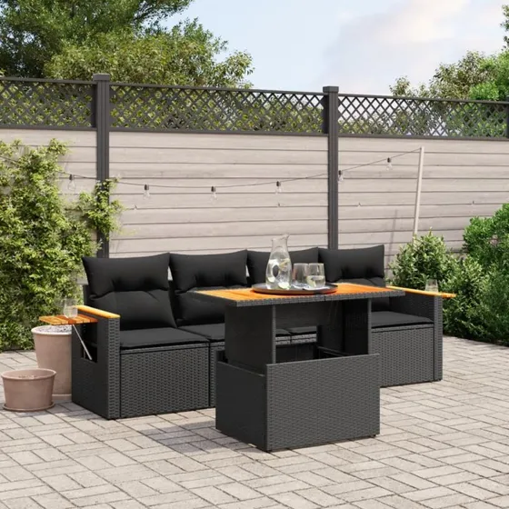 Havesofasæt 5 dele i polyrattan med hynder - sort