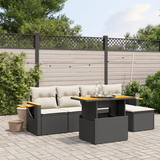 Havesofasæt 6 dele i sort polyrattan med hynder
