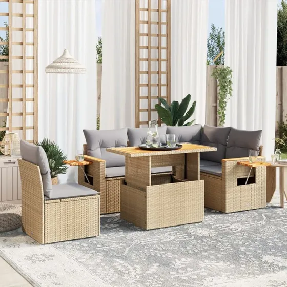 Havesofasæt 6 dele i polyrattan med hynder – beige