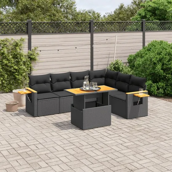 Sofasæt til haven 7 dele i sort polyrattan med hynder