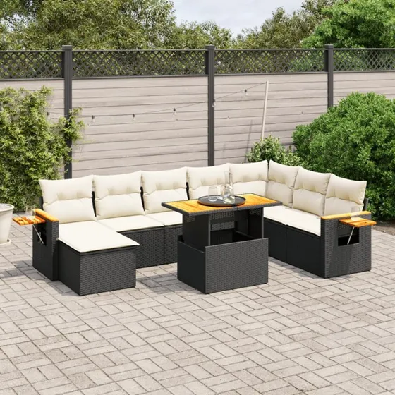 Havesofasæt 9 dele i sort polyrattan med hynder