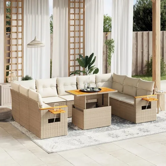 Havesofasæt 11 dele polyrattan med hynder - Beige