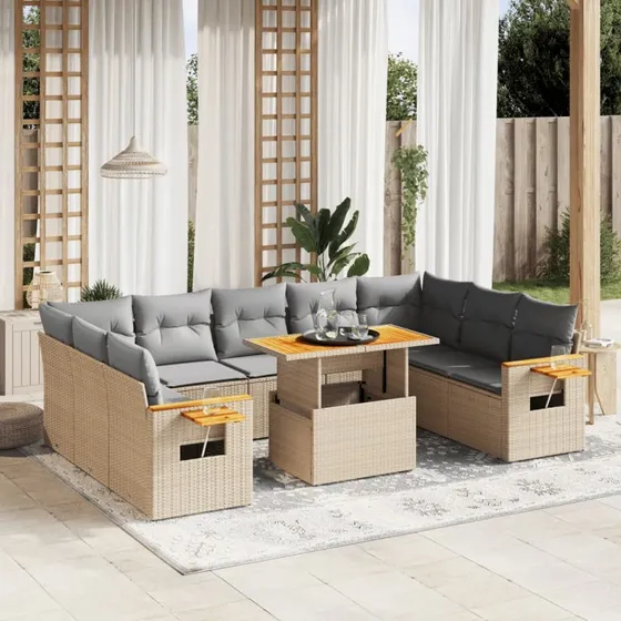 Havesofasæt 11 dele i polyrattan med hynder, beige