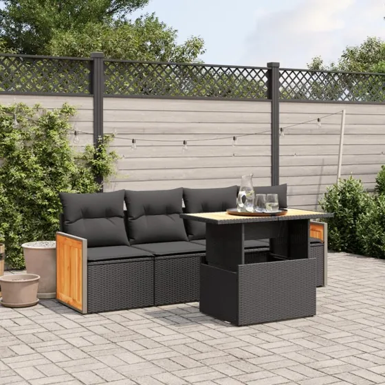 Sofasæt til have i polyrattan 5 dele med hynder, sort