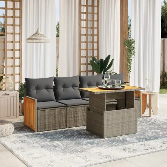 5-personers polyrattan sofasæt med hynder, grå