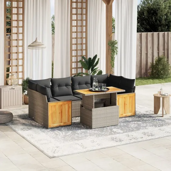 Havesofasæt 7 dele i polyrattan med hynder, grå