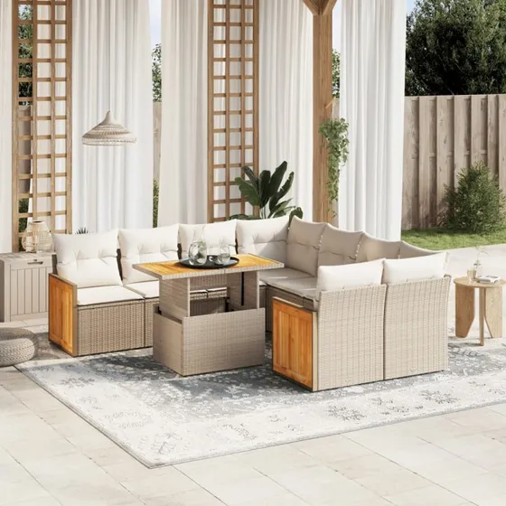 9-dele havemøbelsæt i polyrattan med hynder - beige