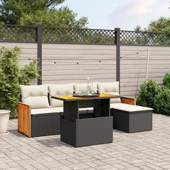 Havesofasæt 6 dele i sort polyrattan inkl. hynder