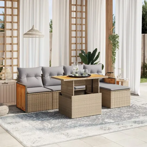 Sofasæt til haven 6 dele i polyrattan med hynder - beige