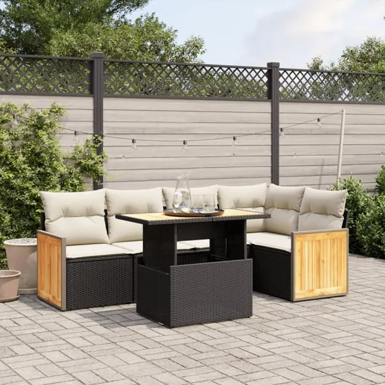 Havesofasæt 6 dele i sort polyrattan med hynder
