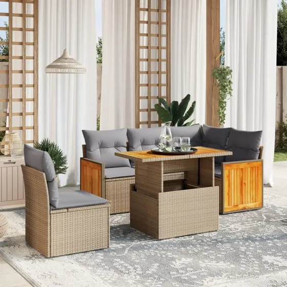 Sofasæt til haven 6 dele i beige polyrattan med hynder