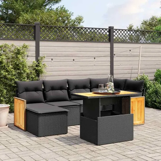 Havesofasæt 7 dele i sort polyrattan inkl. hynder