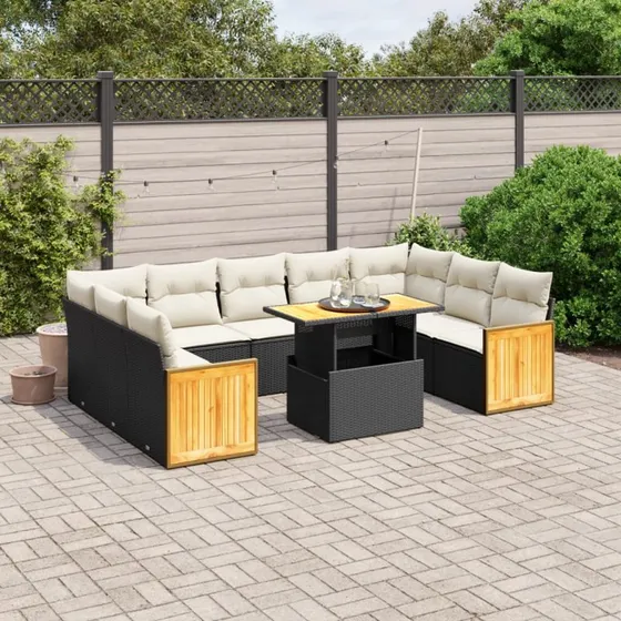 Sofasæt til haven 10 dele i sort polyrattan med hynder