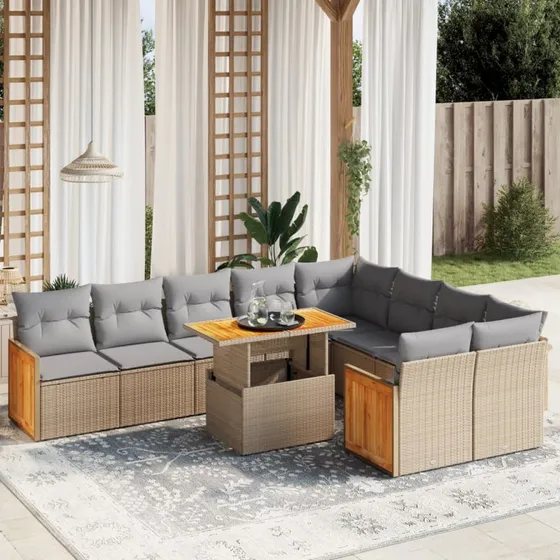 Havesofasæt 10 dele i polyrattan med hynder, beige