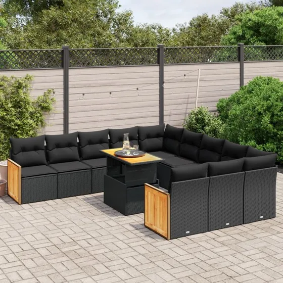 Havesofasæt 11 dele polyrattan med hynder - sort
