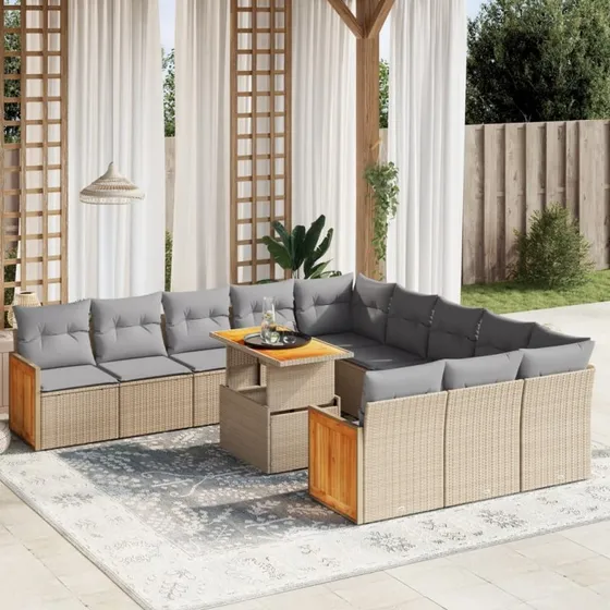 Havesofasæt 11 dele i beige polyrattan med hynder