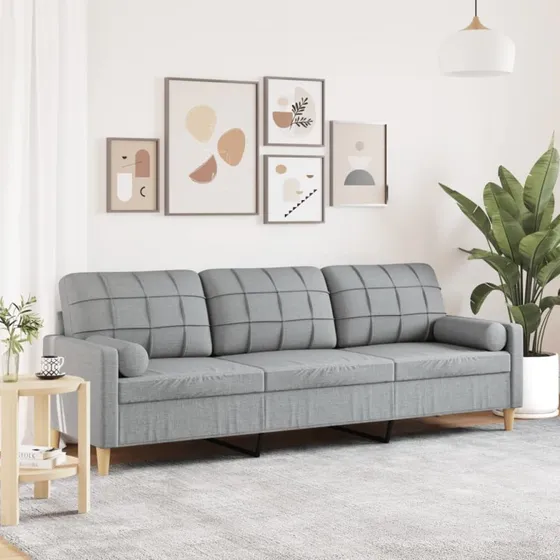 3-personers sofa 210 cm lysegr stof med pyntepuder