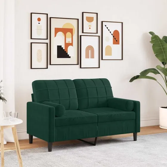 2-personers velour sofa 120 cm mørkegrøn med pyntepuder