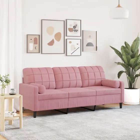 3-personers velour sofa 180 cm pink med pyntepuder