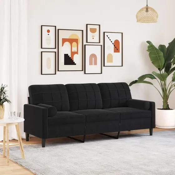 3-personers velour sofa 180 cm - sort inkl. pyntepuder
