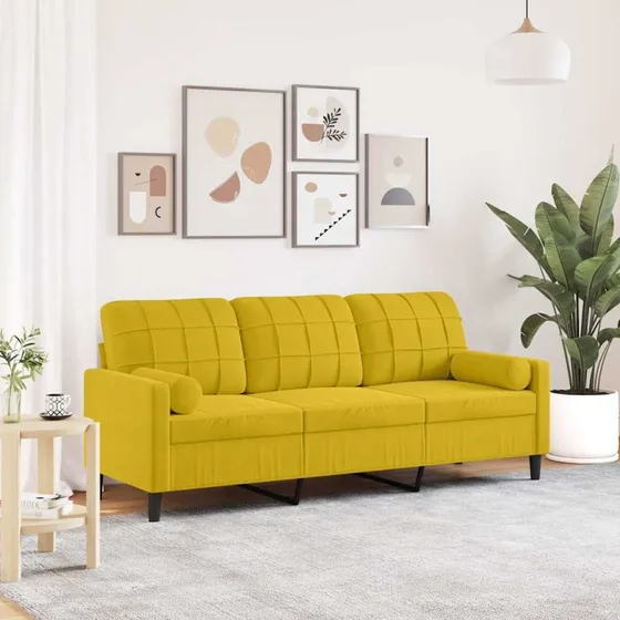 3-personers sofa i gul velour 180 cm med pyntepuder
