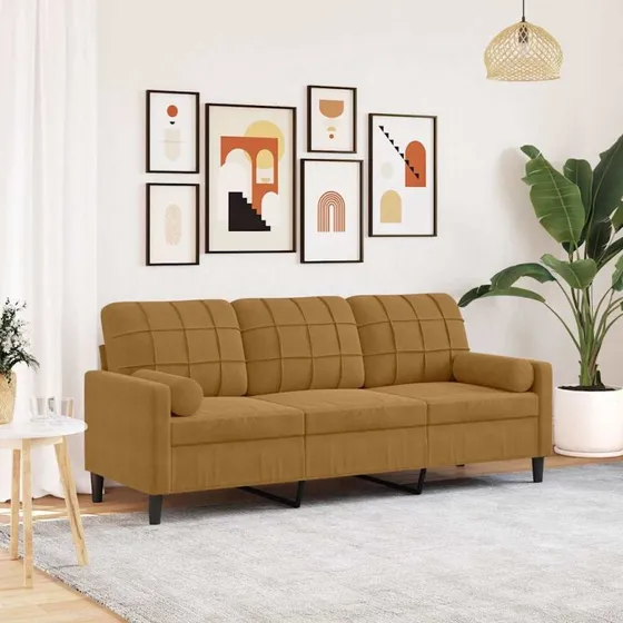 3-personers velour sofa 180 cm brun med pyntepuder