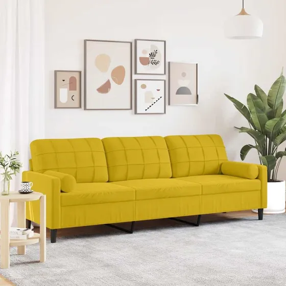 3-personers fløjlsofa 210 cm – gul med pyntepuder