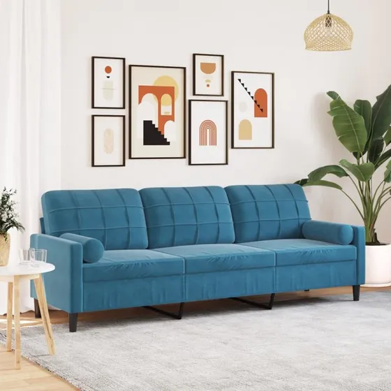 3-personers velour sofa 210 cm blå med pyntepuder