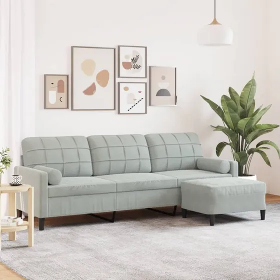 3-personers velour sofa med fodskammel 210 cm - lysegrå