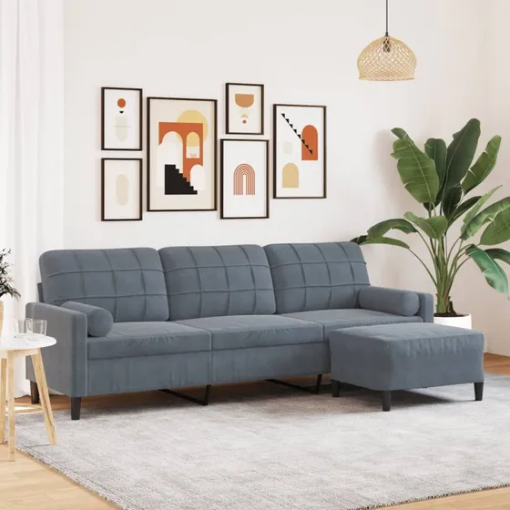 3-personers velour sofa med fodskammel 210 cm – mørkegrå