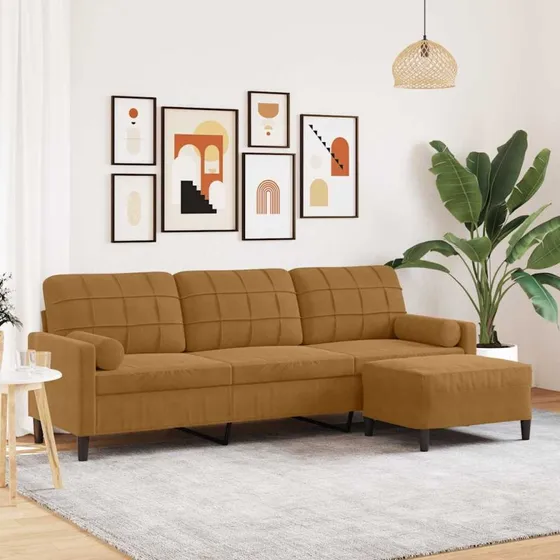 3-personers velour sofa med fodskammel 210 cm - brun