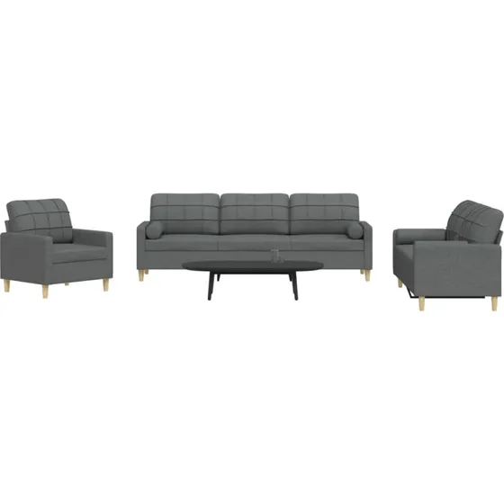 Sofasæt 3 dele i mørkegrå polyester med pyntepuder