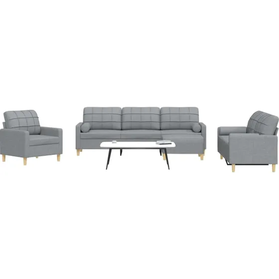 Sofasæt 4 dele med fodskammel og pyntepuder, lysegrå stof