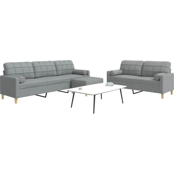 Sofasæt 3 dele med fodskammel og pyntepuder, lys grå