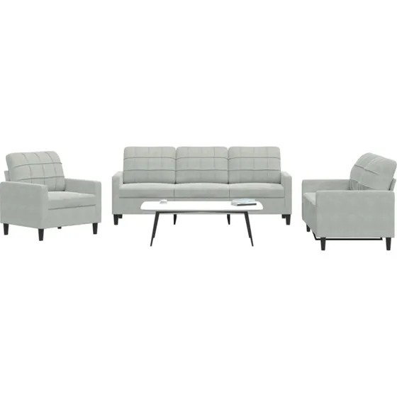 Sofast 3 dele i velour lysegr med hynder