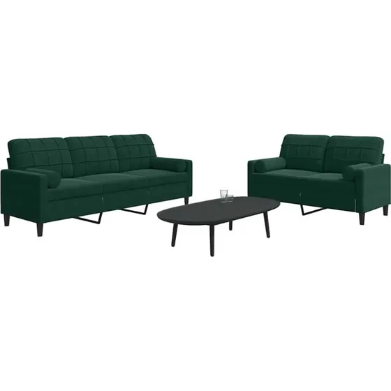 Velour sofast 2 dele med hynder og bolster  mrkegrn