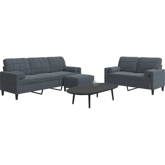 Velour sofast 3 dele med hynder og bolsterpuder - mrkegr