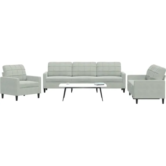 Sofast 3 dele i lysegr velour med hynder