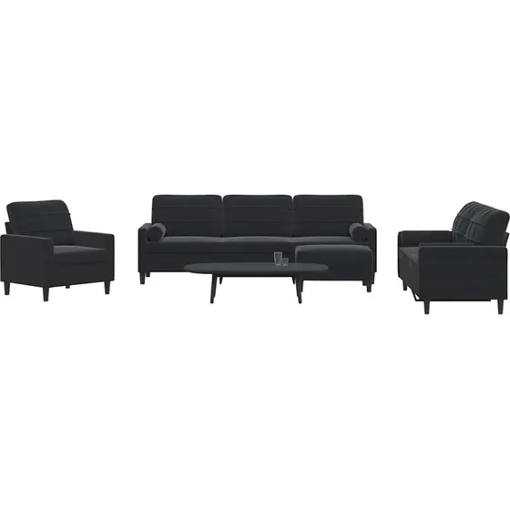 Sofasæt 4-dele i sort velour med hynder og bolsterpuder
