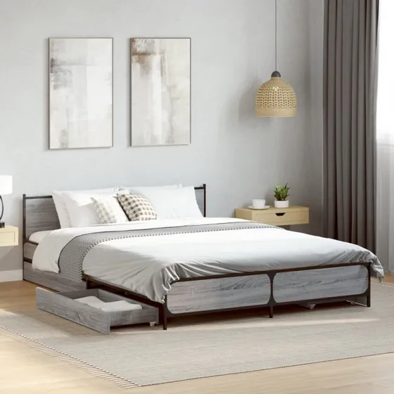 Sengeramme med skuffer 135x190 cm – Sonoma Eg (grå)